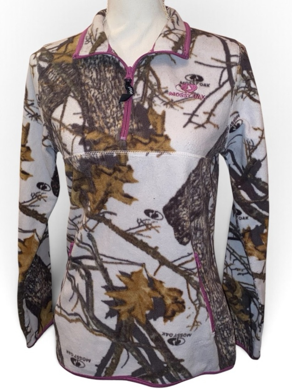 MOSSY OAK Winter Camouflage Pullover 3/4 Zip Fleece With Purple Trim SZ 4/6 SM